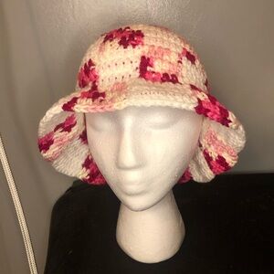 Crochet Handmade Pink and White Checkered Bucket Hat